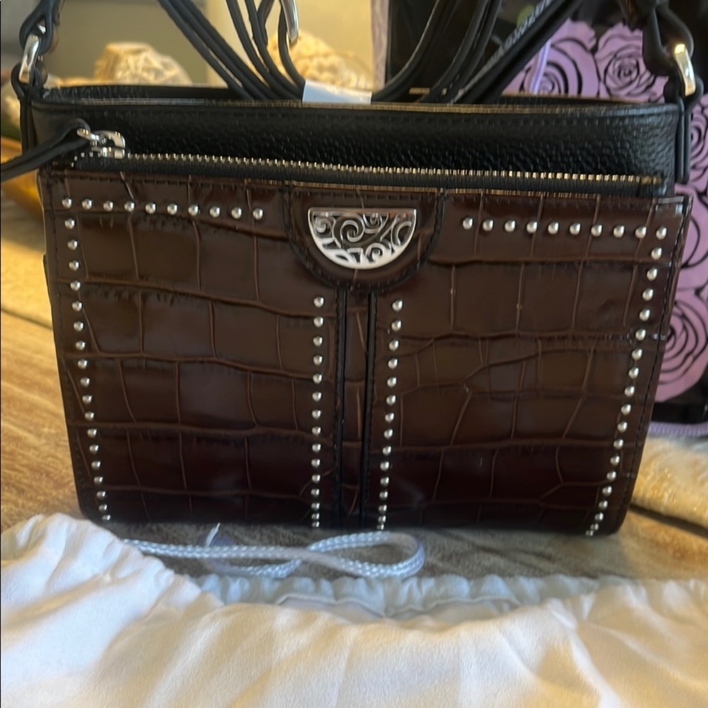 Brighton Black Chocolate Pretty  Croc-Embossed Crossbody Bag with Silver Accents